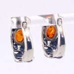 Vintage Sterling Silver Amber Cabochon Hoop Earrings – Carved Leaf Design
