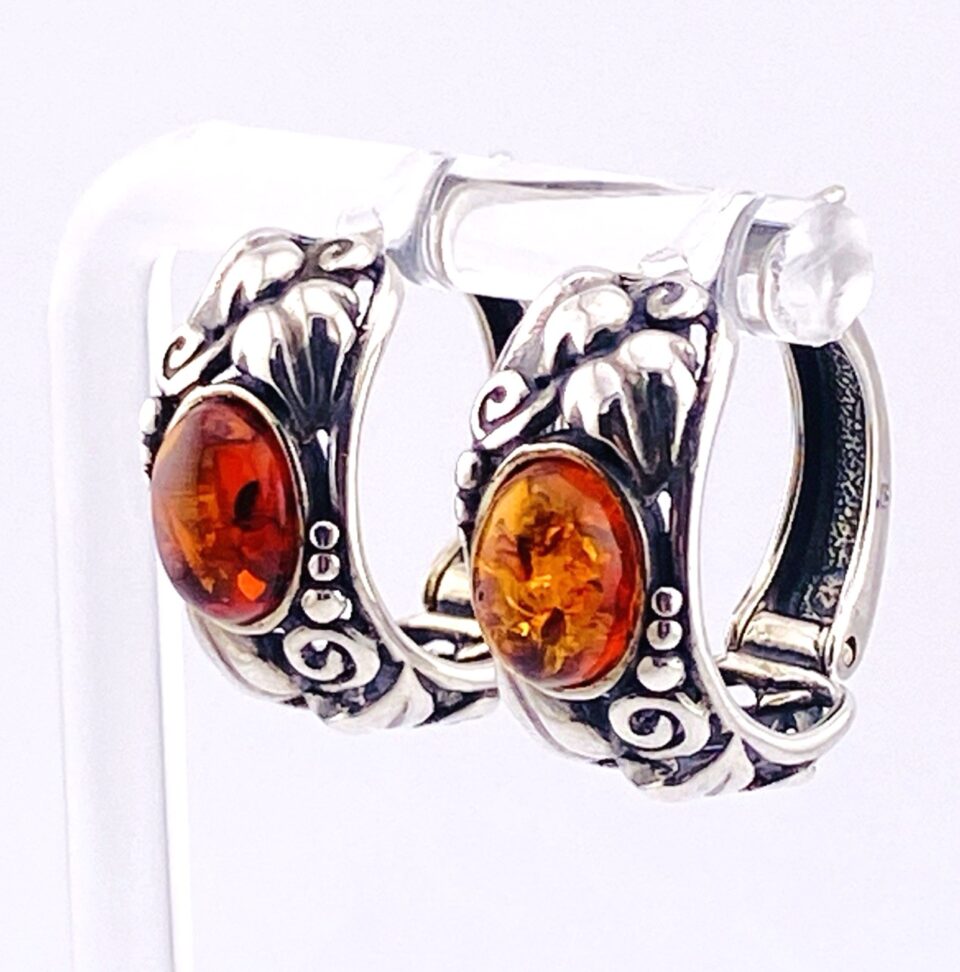 Vintage Sterling Silver Amber Cabochon Hoop Earrings – Carved Leaf Design
