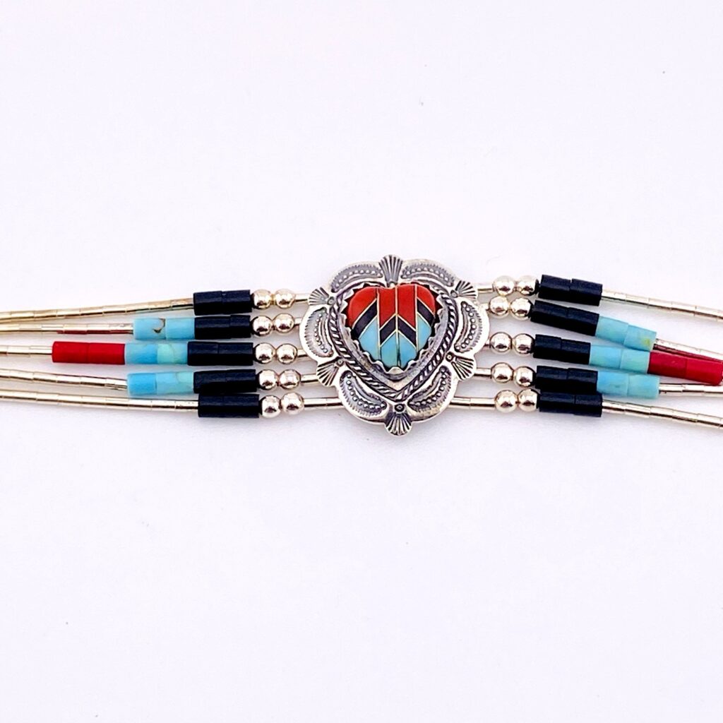 Southwestern Inlay Heart Bracelet: Sterling Silver, Turquoise and Coral