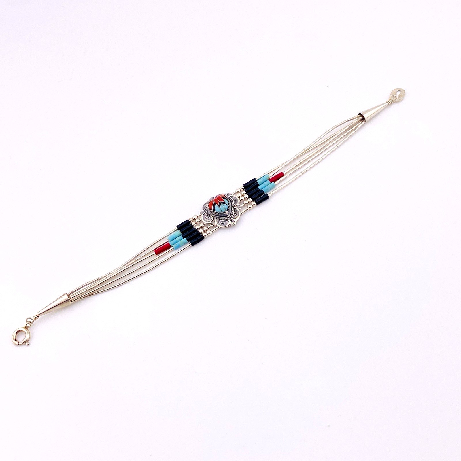 Southwestern Inlay Heart Bracelet: Sterling Silver, Turquoise and Coral