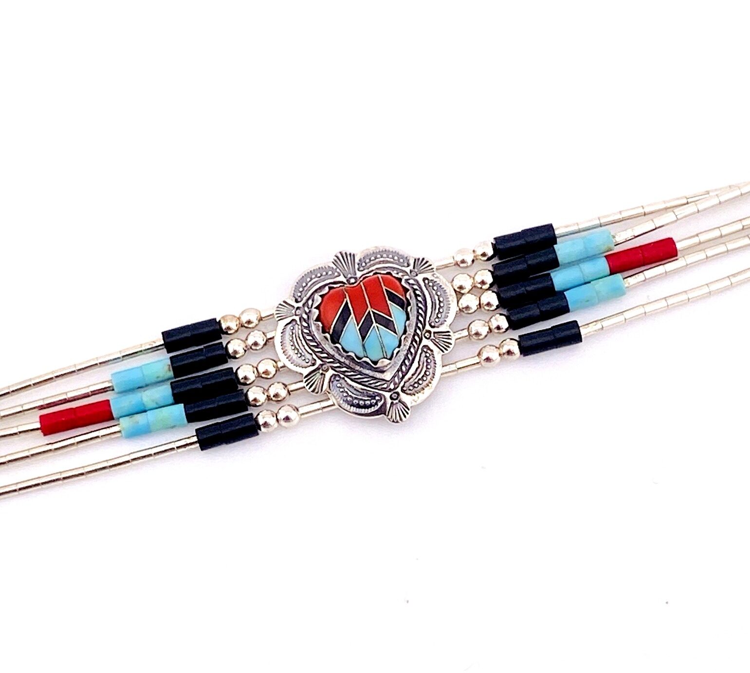 Southwestern Inlay Heart Bracelet: Sterling Silver, Turquoise and Coral