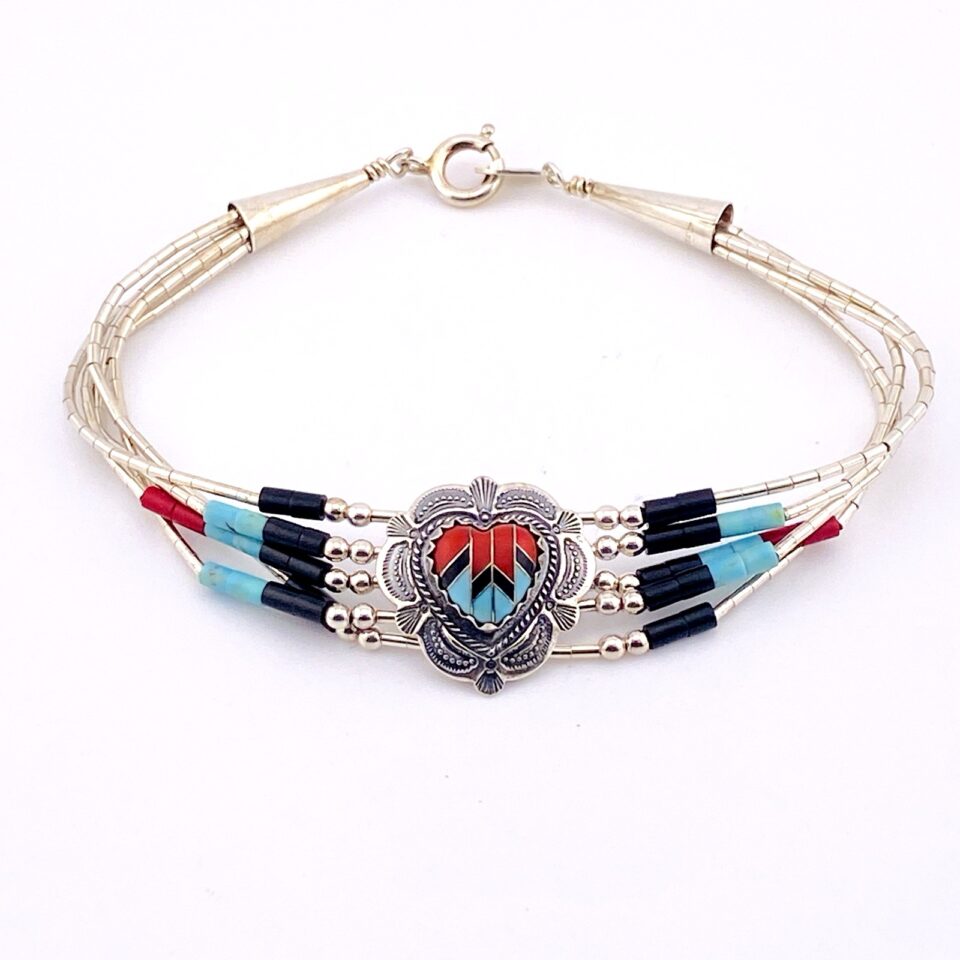 Vintage Sterling Silver Inlay Heart Bracelet Turquoise Coral Onyx