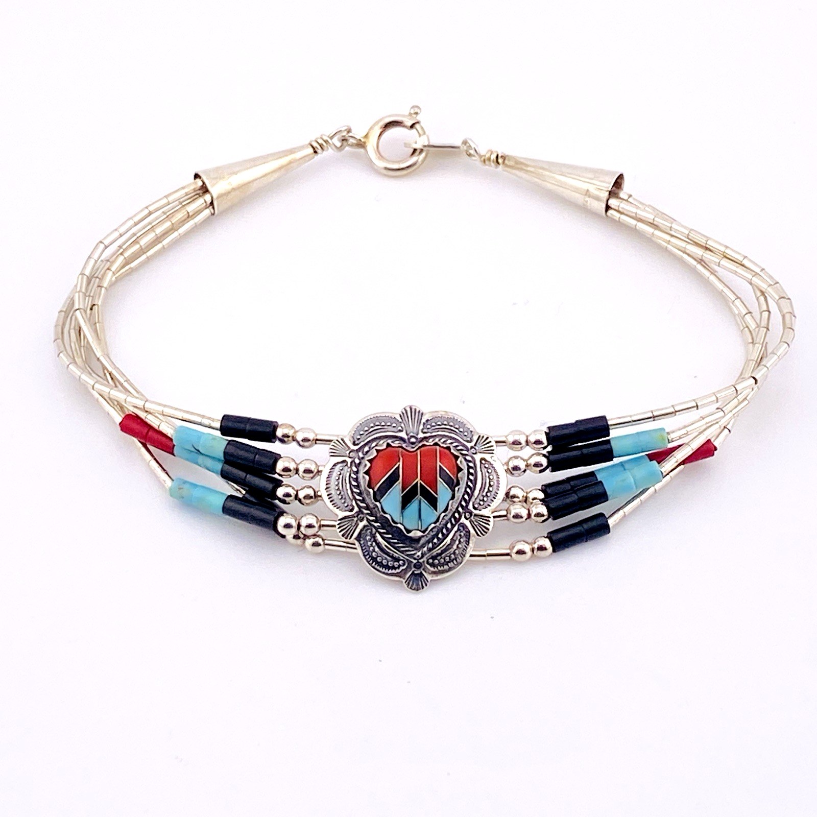 Southwestern Inlay Heart Bracelet: Sterling Silver, Turquoise and Coral