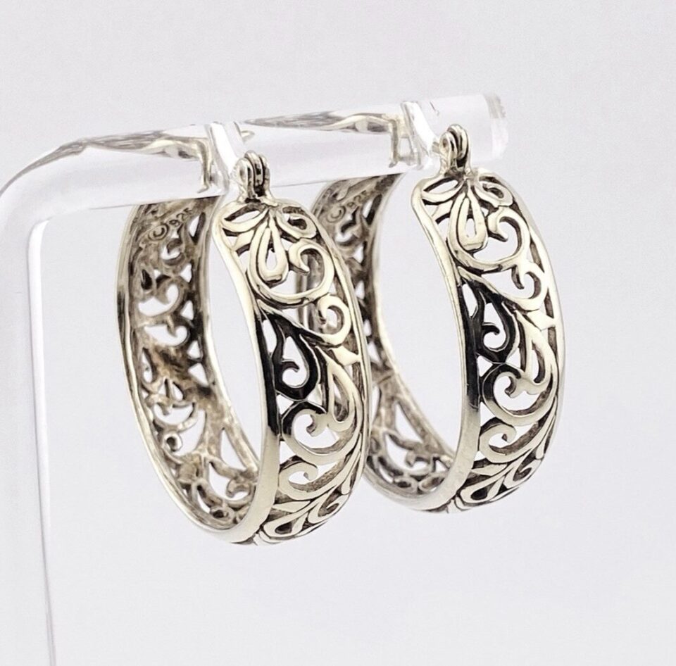 Vintage Sterling Silver Openwork Hoop Earrings – 1 1/8 Inch Hoops