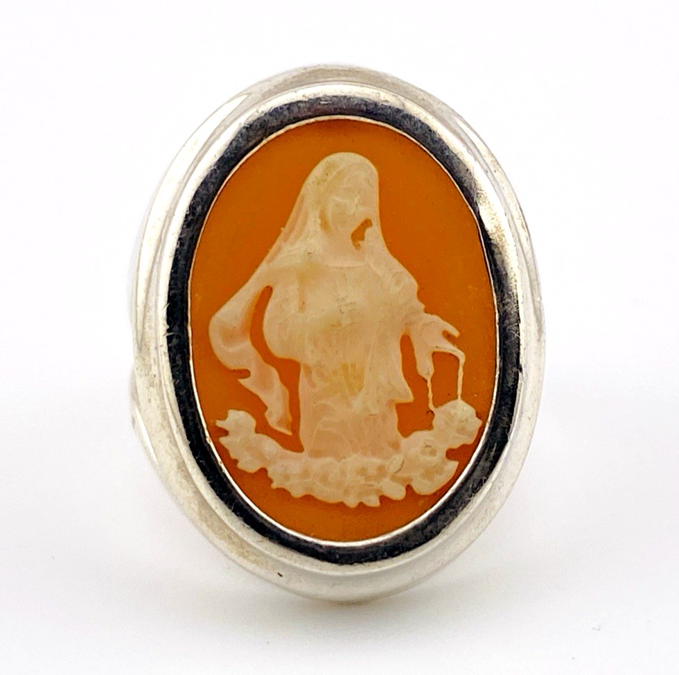 Vintage Sterling Silver Our Lady Shell Cameo Ring – Size 8 Devotional
