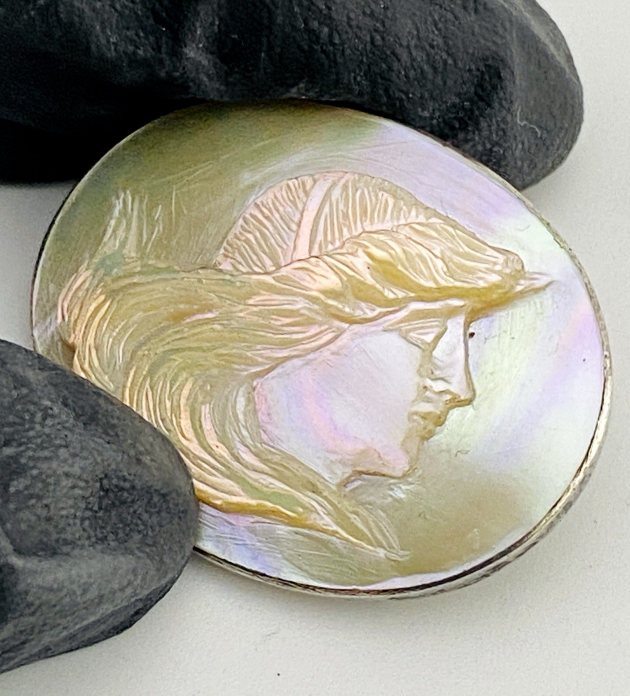 Antique Victorian Mother of Pearl Cameo Brooch in Sterling Silver