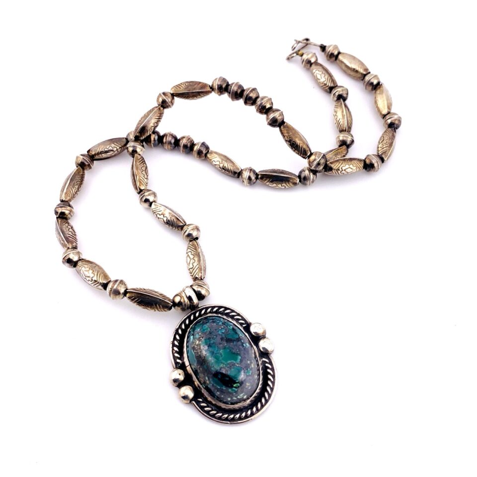 Artisan Sterling Silver & Turquoise Pendant Necklace – Vintage 1970s