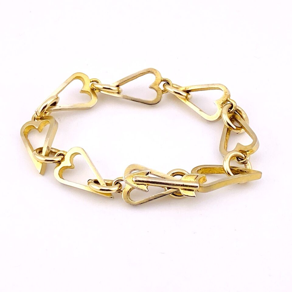 Gold Vermeil Sterling Silver Heart Link Bracelet – Arrow Toggle Clasp – Retro Era