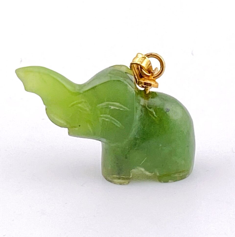 Nephrite Jade Hand Carved Elephant Charm Pendant, Vintage Mid-Century