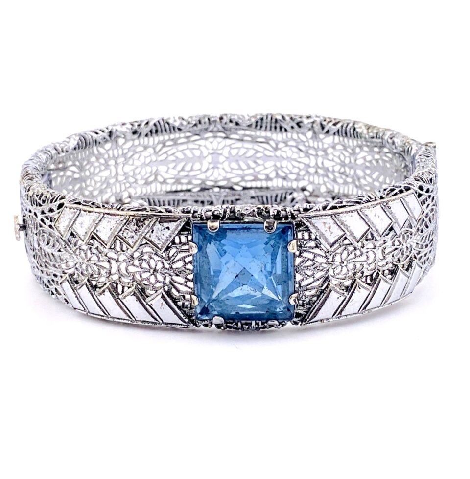 Ostby & Barton Edwardian Filigree Clamper Bracelet – Sapphire Blue Crystal
