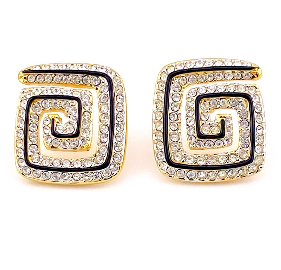 Swarovski Square Spiral Earrings with Black Enamel & Crystal Accents