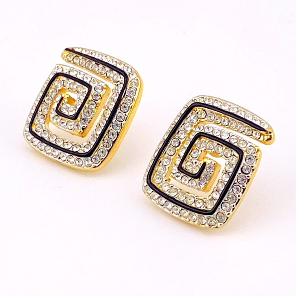 Swarovski Square Spiral Earrings with Black Enamel & Crystal Accents