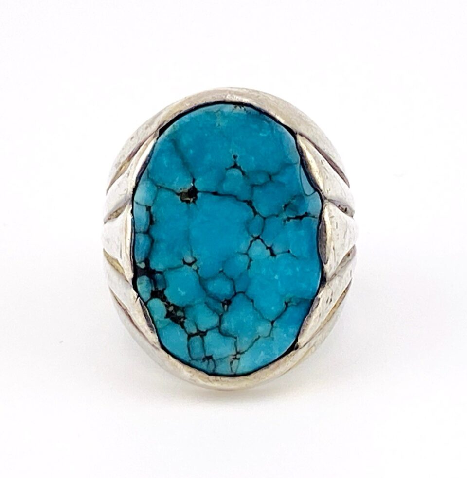 Sand-Cast Sterling Silver Spiderweb Turquoise Ring – Bell Trading Post – Size 11.75