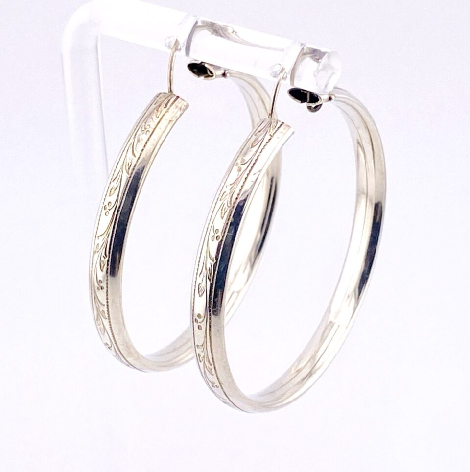 Sterling Silver Engraved Wreath Hoop Earrings