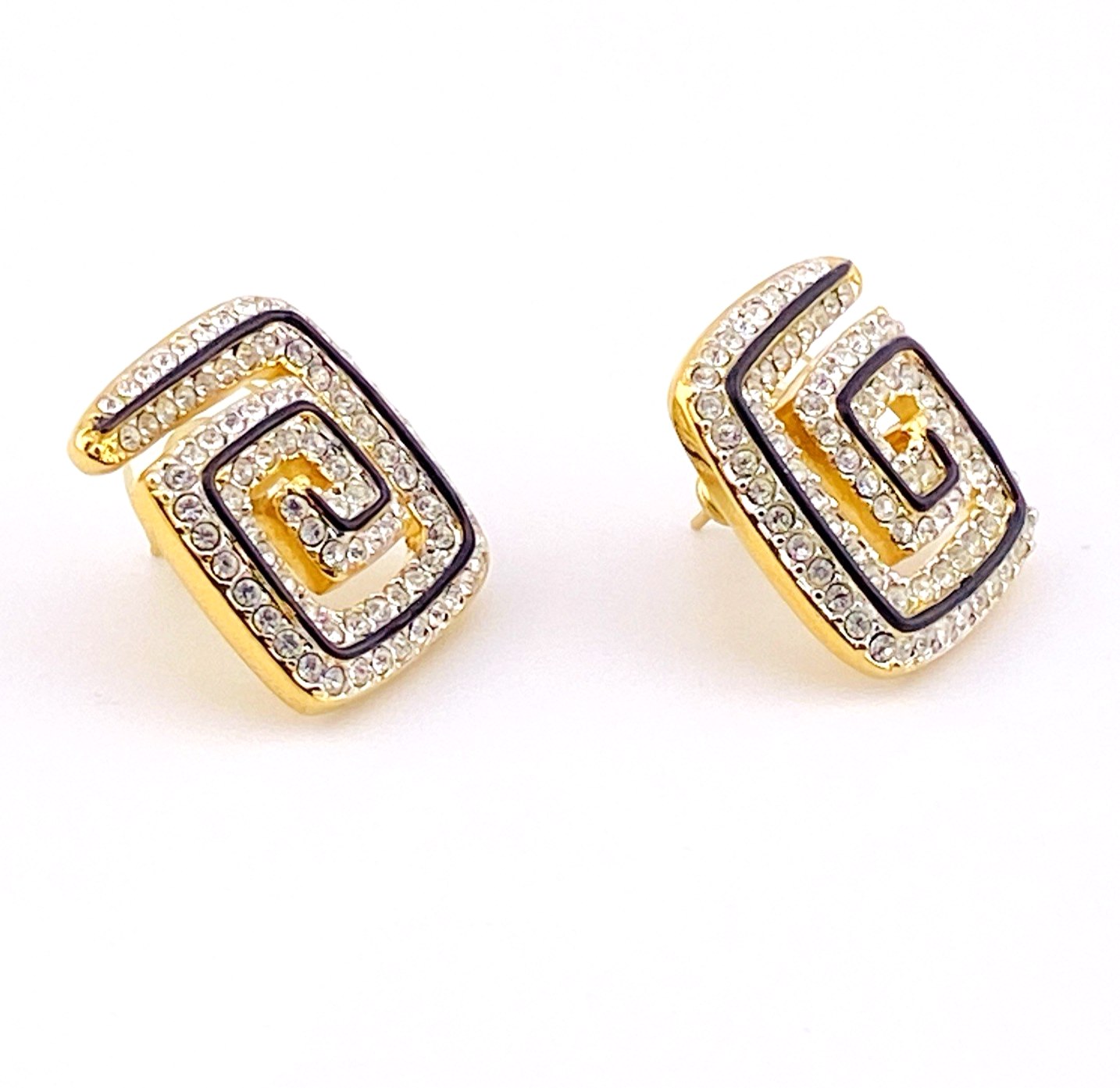 Swarovski Square Spiral Earrings with Black Enamel & Crystal Accents