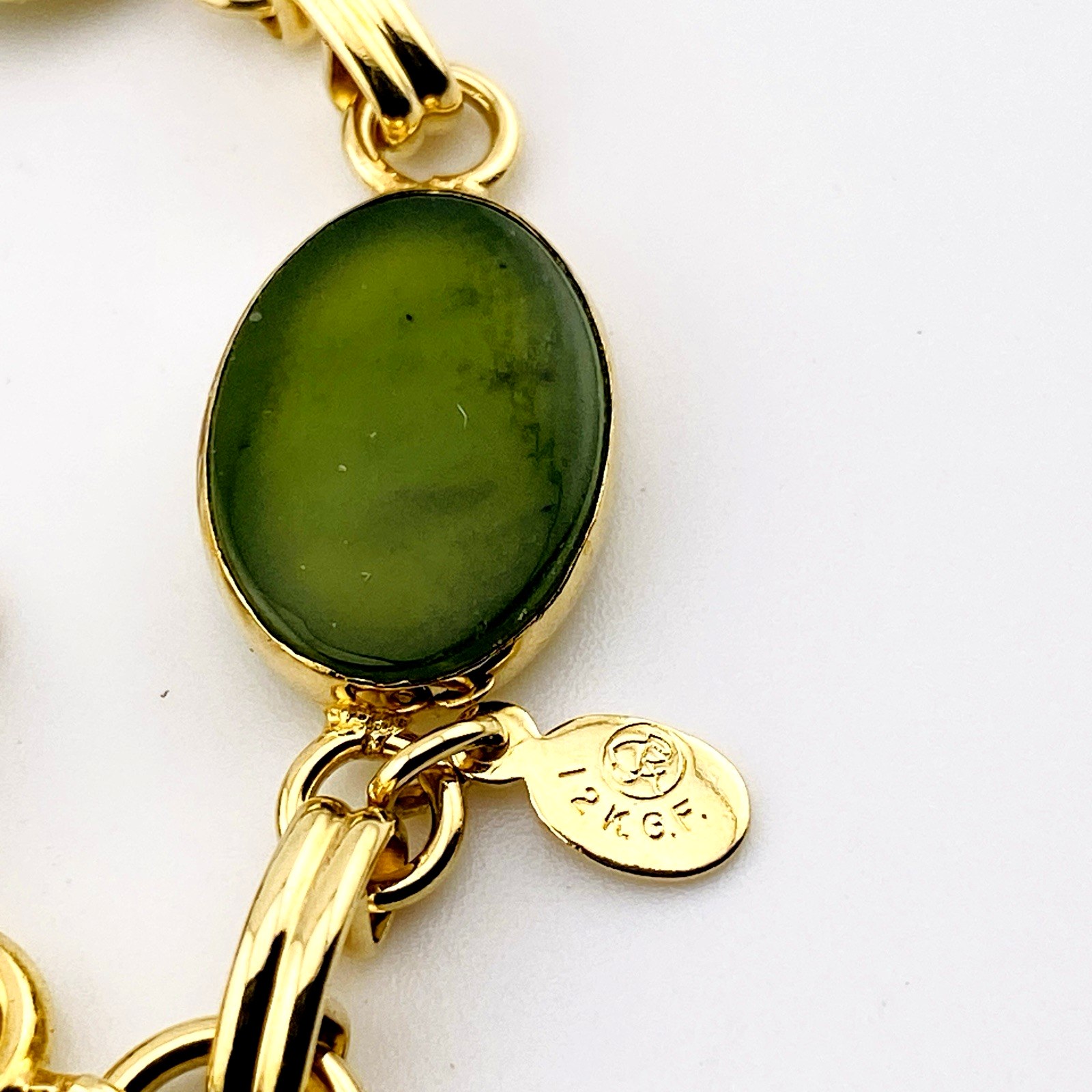 Vintage 7.25" Gold Filled Link Bracelet with Translucent Nephrite Jade