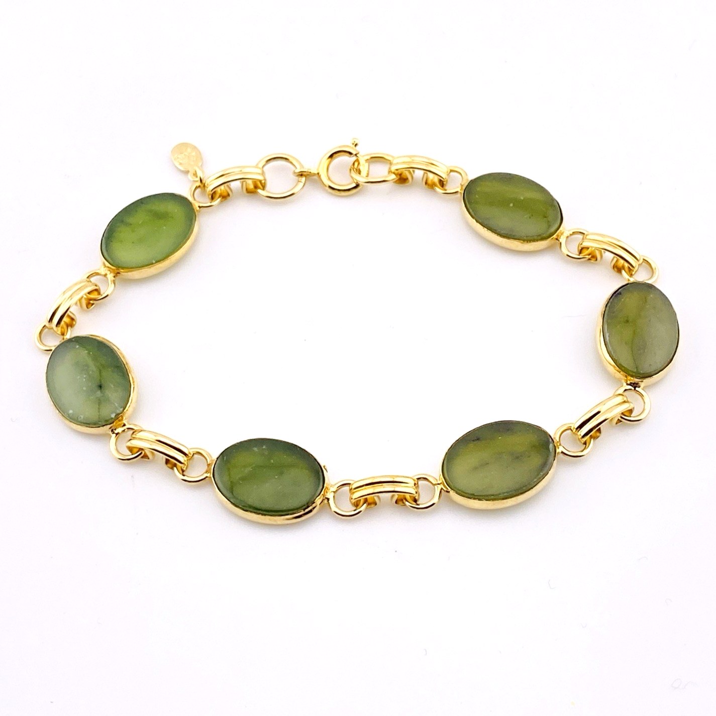 Vintage 7.25" Gold Filled Link Bracelet with Translucent Nephrite Jade