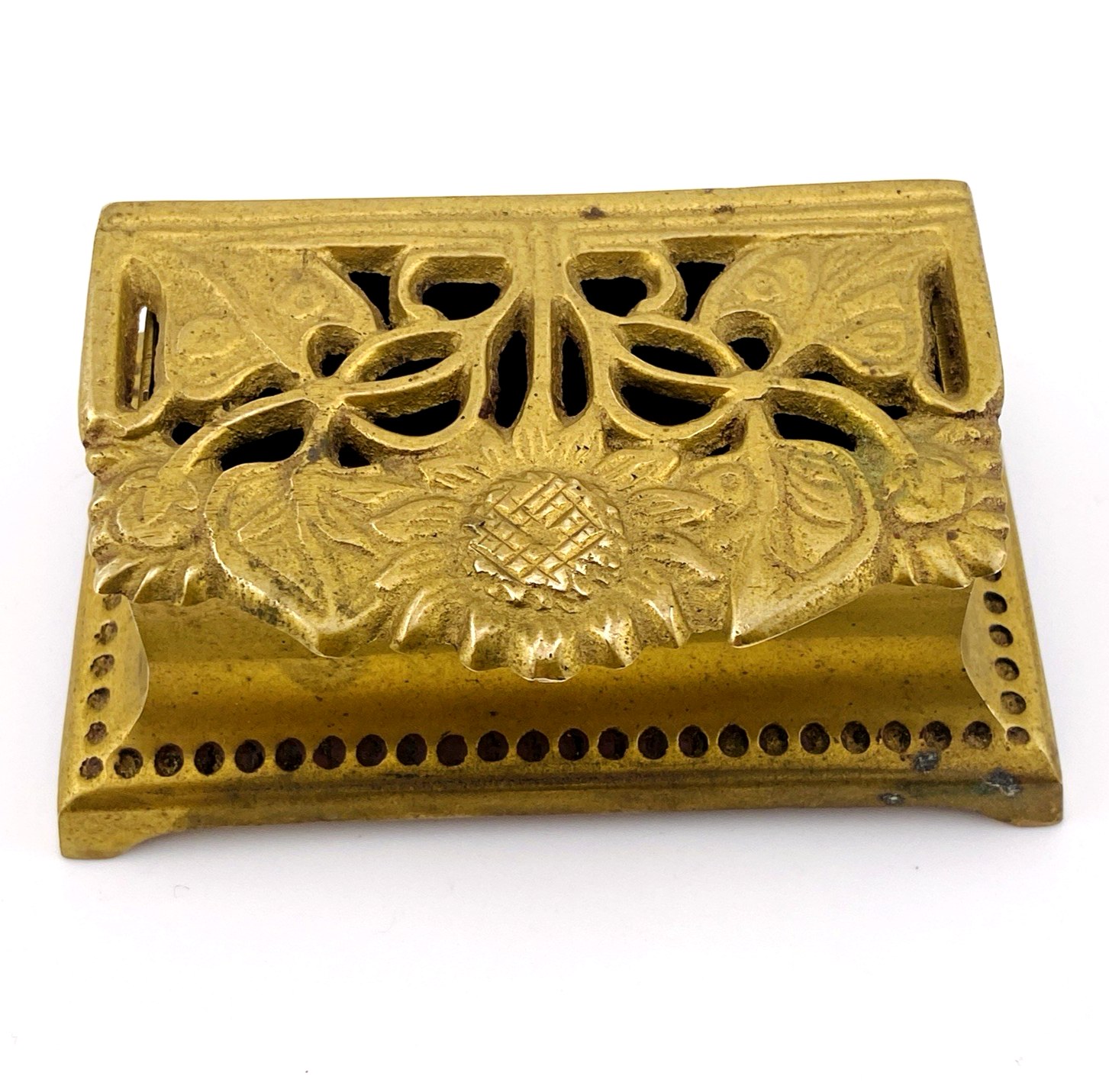 1960s Art Nouveau Brass Stamp Holder Box with Open Work Lid
