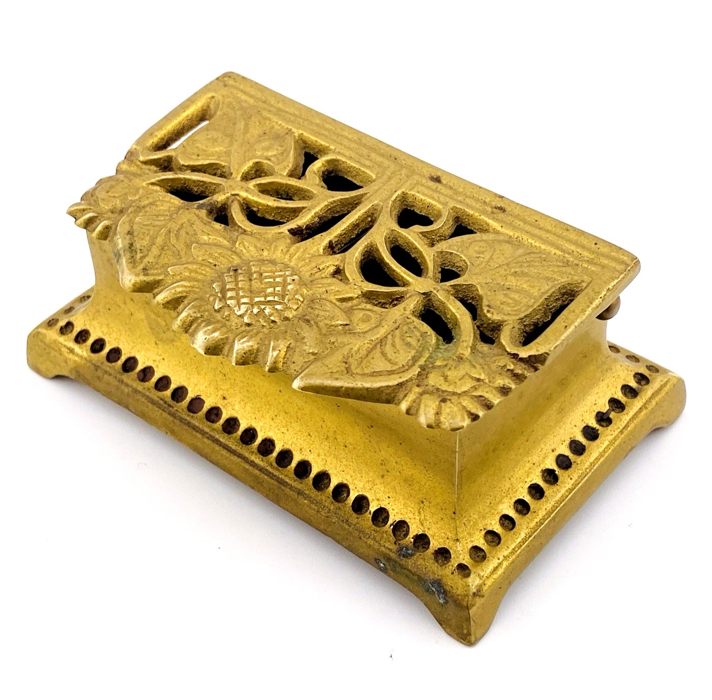 1960s Art Nouveau Brass Stamp Holder Box with Open Work Lid