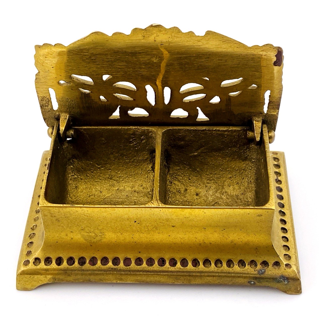 1960s Art Nouveau Brass Stamp Holder Box with Open Work Lid