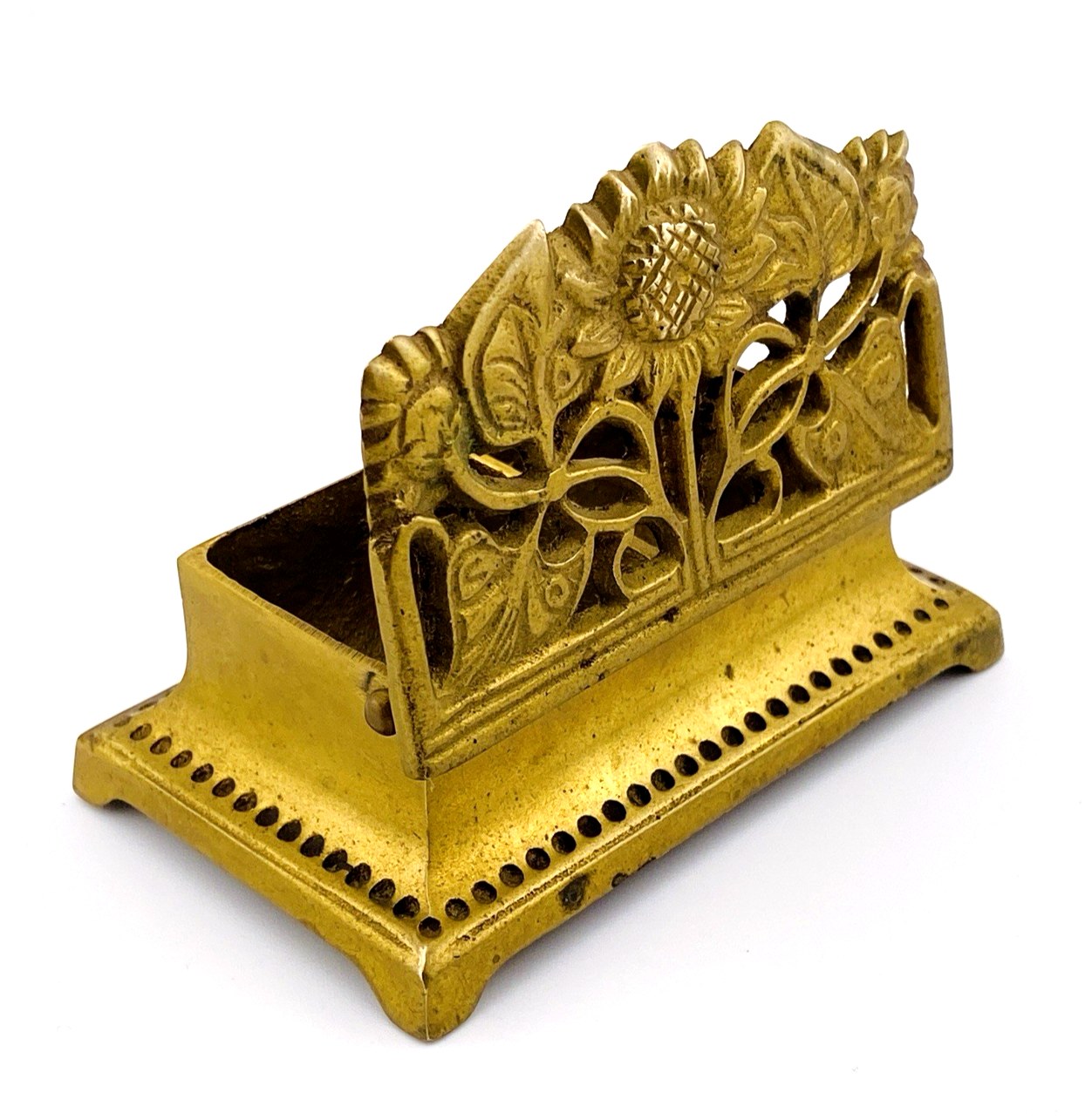 1960s Art Nouveau Brass Stamp Holder Box with Open Work Lid