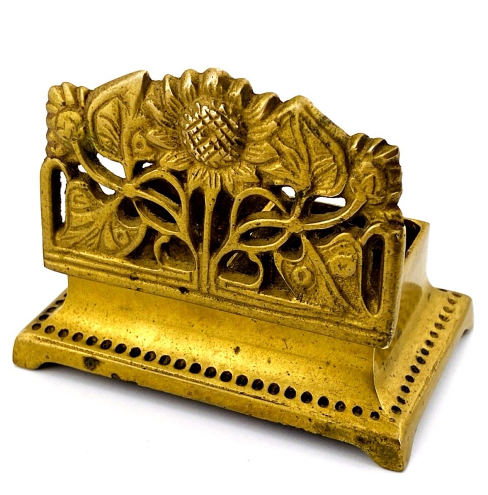 Vintage 1960s Art Nouveau Brass Stamp Holder Box with Open Work Lid