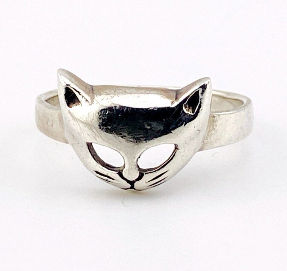 Vintage Peter Stone Sterling Silver Cat Mask Ring, Size 9