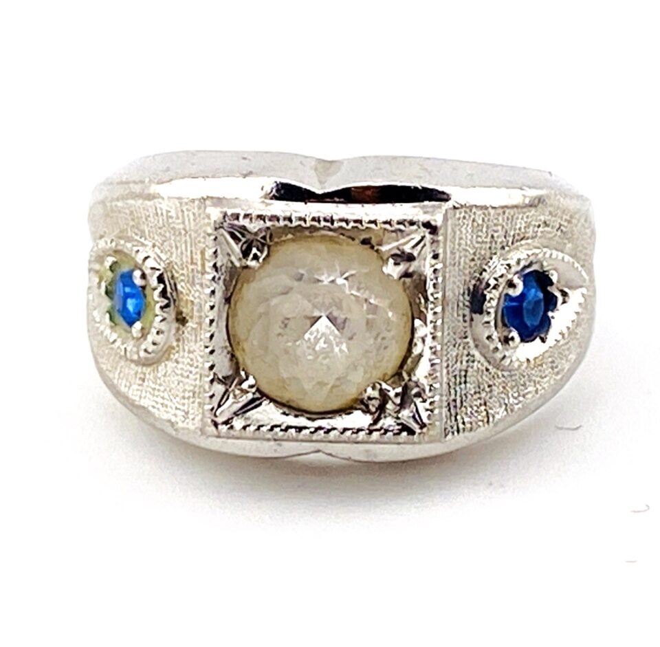 Vintage Sterling Silver Three Stone Signet Ring with Simulated Sapphire