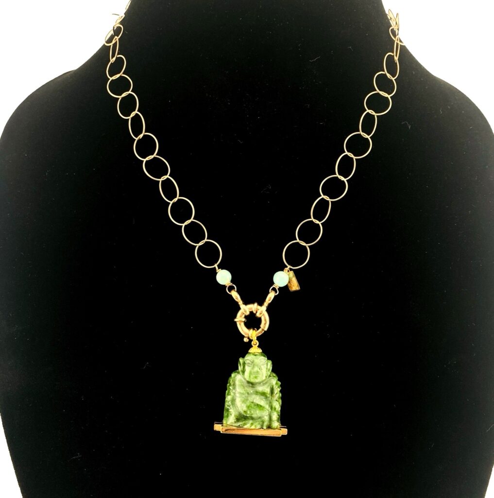 Winnard Carved Spinach Jadeite Jade Buddha Gold Filled Pendant Signed Vintage