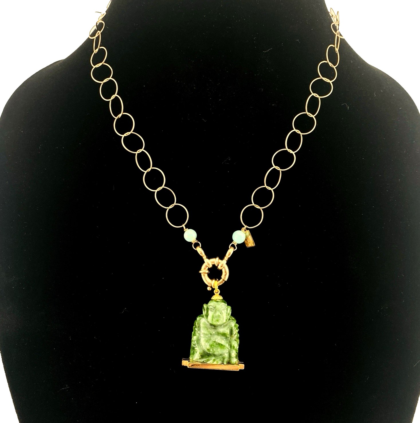 Winnard Carved Spinach Jadeite Jade Buddha Gold Filled Pendant Signed Vintage