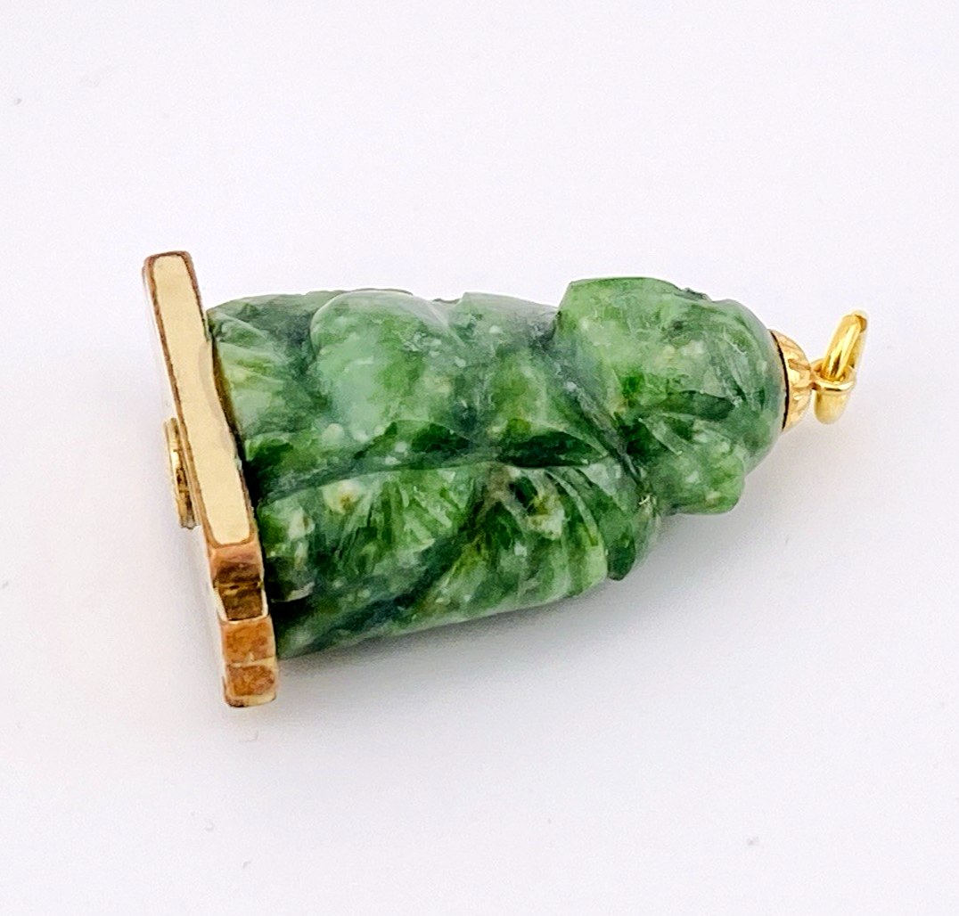 Winnard Carved Spinach Jadeite Jade Buddha Gold Filled Pendant Signed Vintage