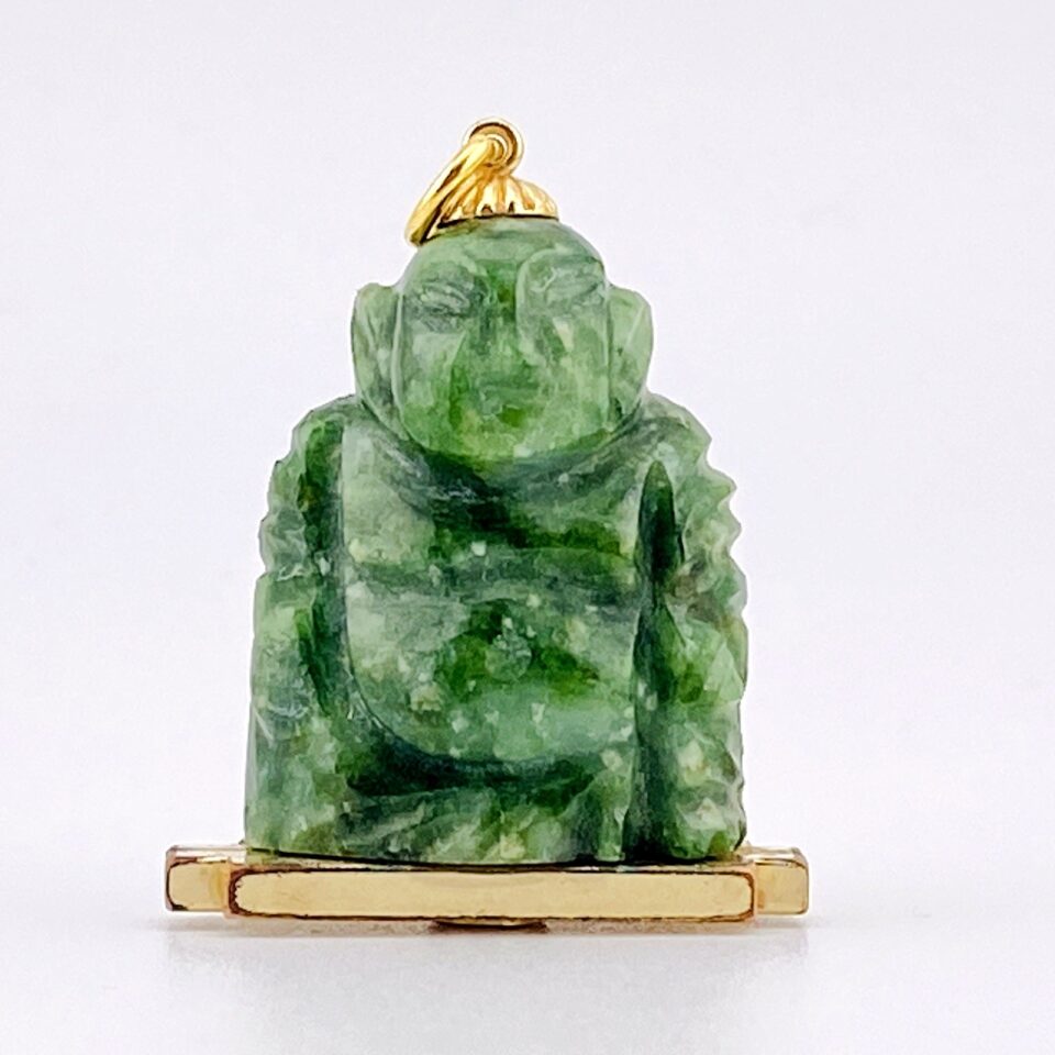 Winnard Carved Spinach Jadeite Jade Buddha Gold Filled Pendant Signed Vintage