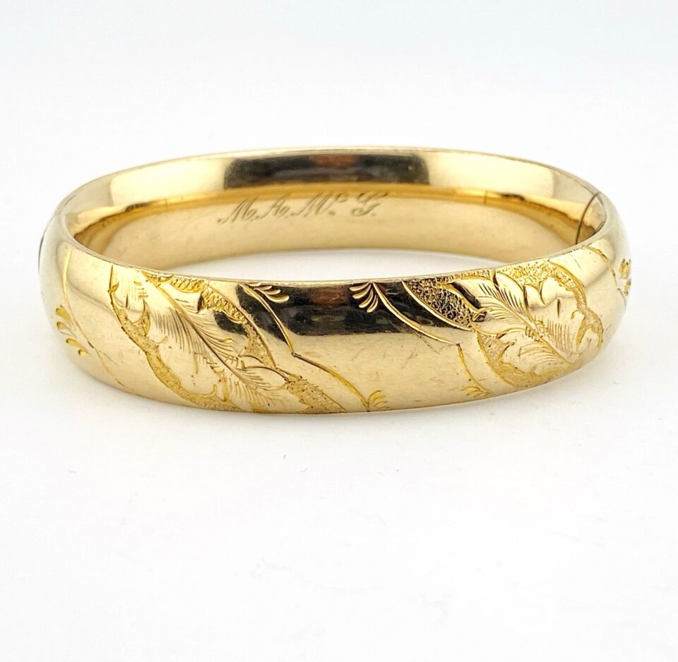 Antique Victorian Gold Filled Repousse Hinged Bangle Bracelet 7" Engraved Inside