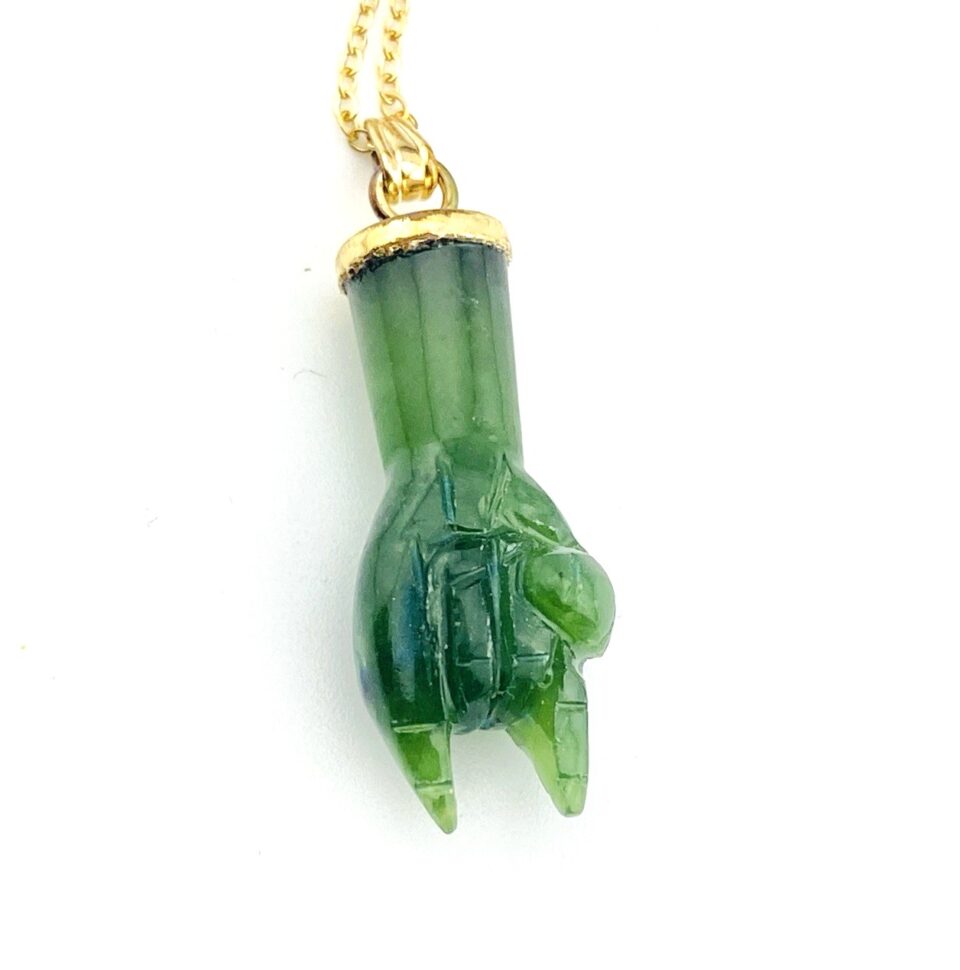 Carved Jade Mano Cornuto Pendant Necklace Gold Fill Good Luck Hand Charm Vintage