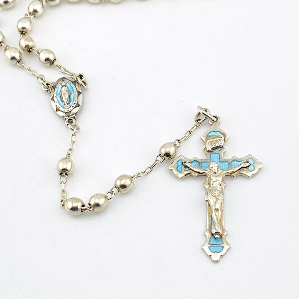 GK GOLDI KAPLAN Sterling Silver Blue Enamel Rosary Vintage Signed Sweden