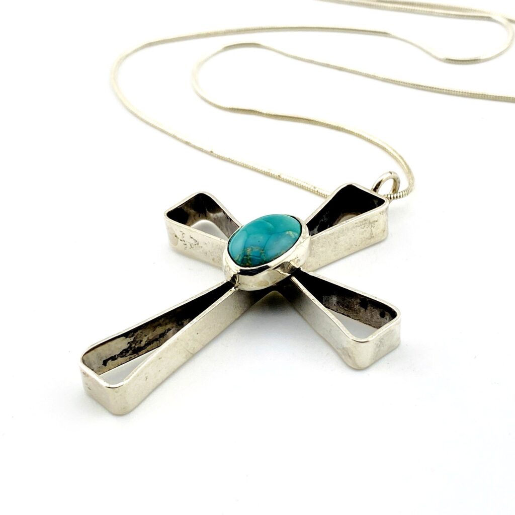 Large Sterling Turquoise Cross Necklace – Modernist Unisex Pendant