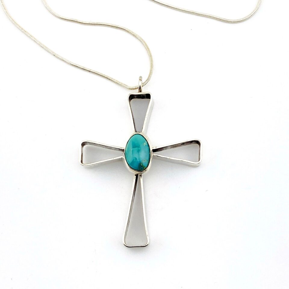 Large Sterling Turquoise Cross Necklace – Modernist Unisex Pendant