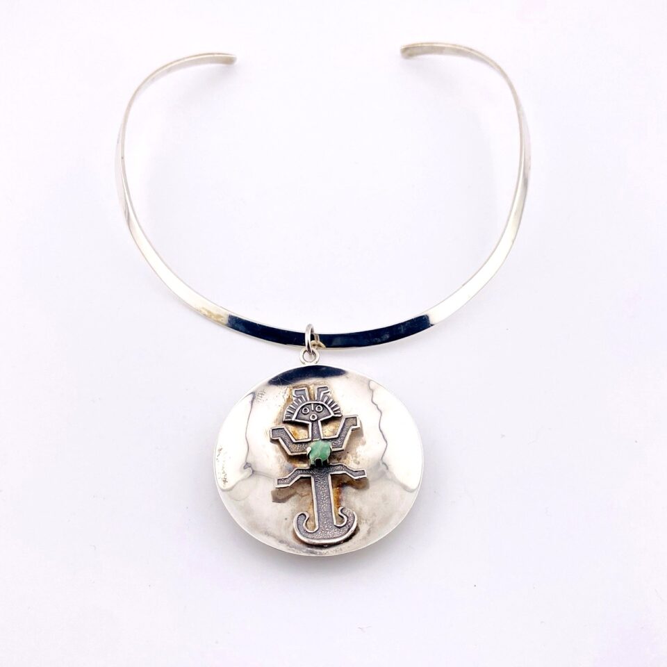 Modernist 900 Silver Mermaid Pendant Necklace with Emerald – Rare MCM Design