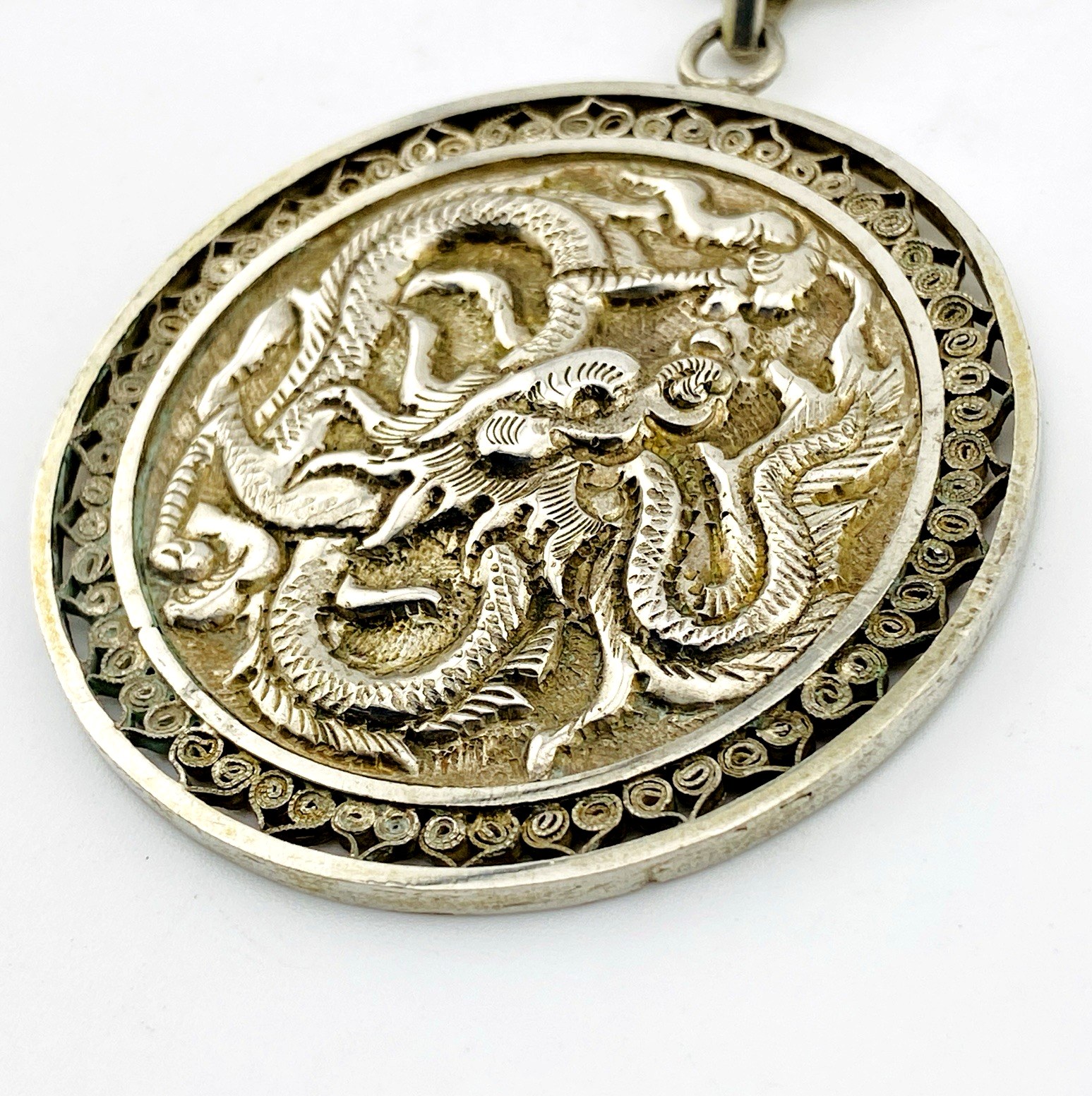 Repoussé Sterling Silver Fire Dragon Pendant Necklace