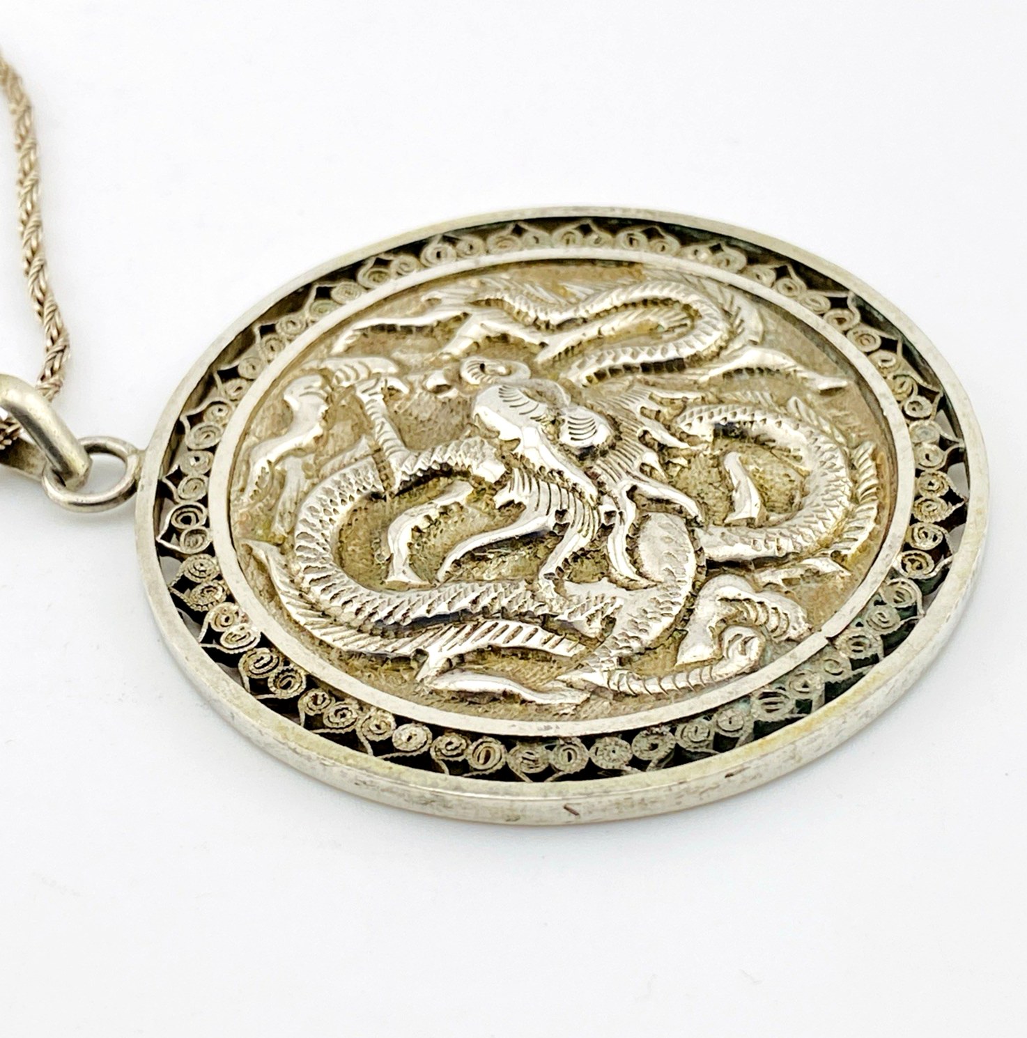 Repoussé Sterling Silver Fire Dragon Pendant Necklace