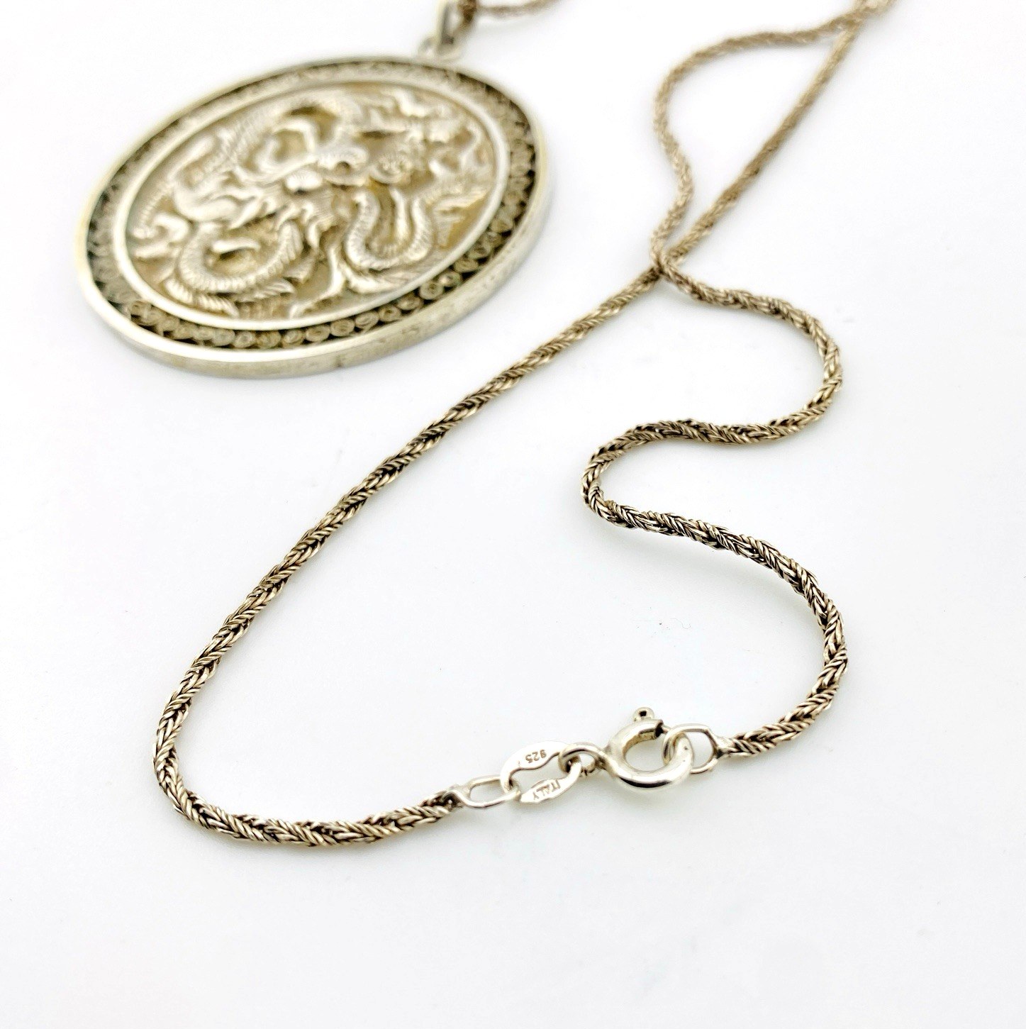 Repoussé Sterling Silver Fire Dragon Pendant Necklace