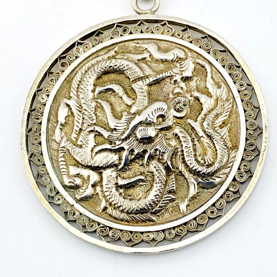 Repoussé Sterling Silver Fire Dragon Pendant Necklace – Fu Symbol