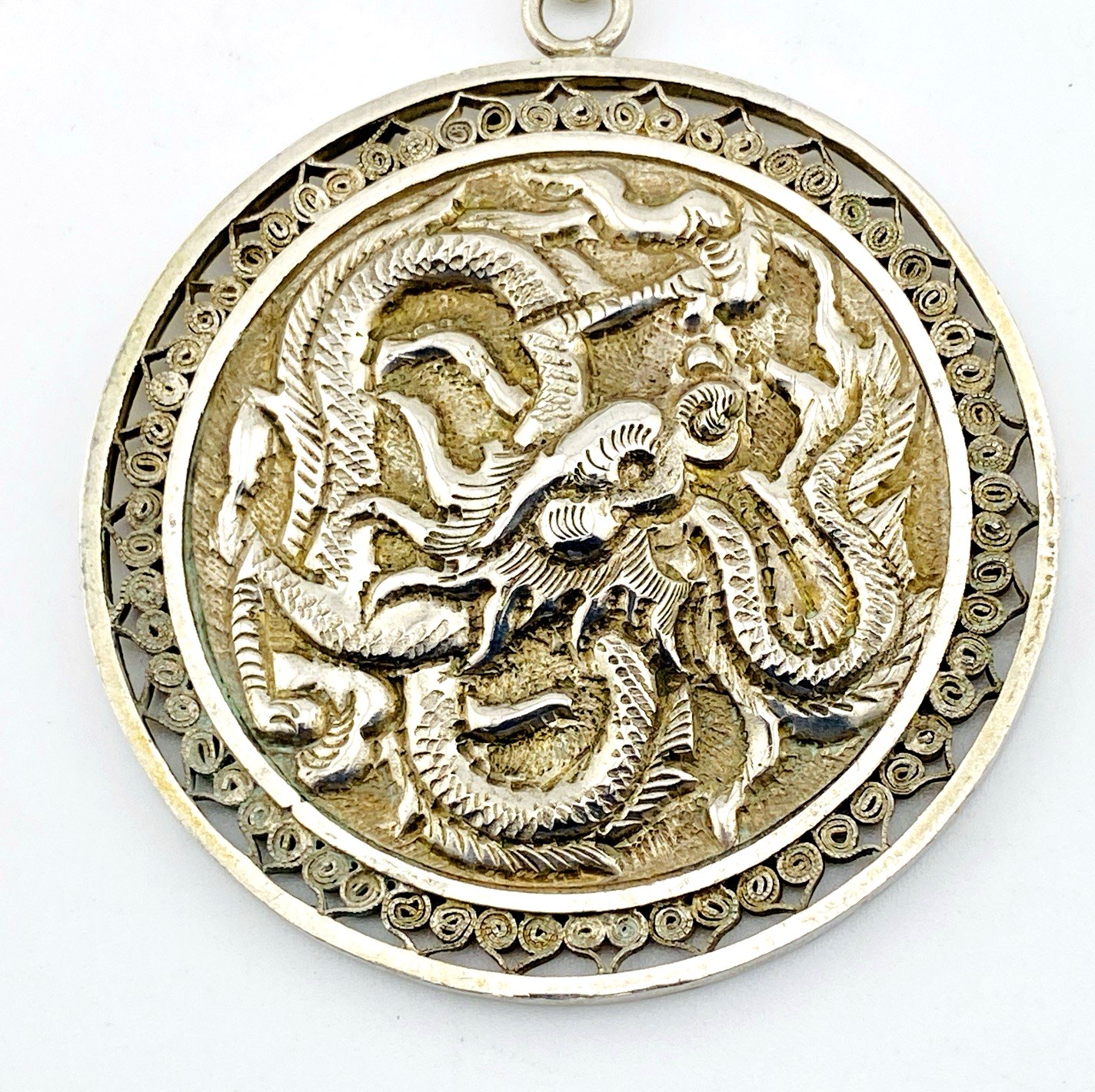 Repoussé Sterling Silver Fire Dragon Pendant Necklace