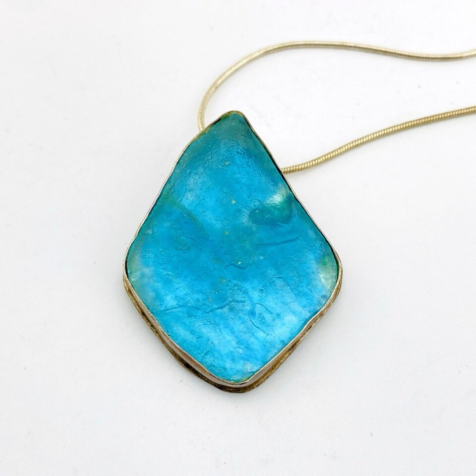 Roman Glass Pendant Necklace in Sterling Silver – Turquoise Blue – 20 Inch Snake Chain