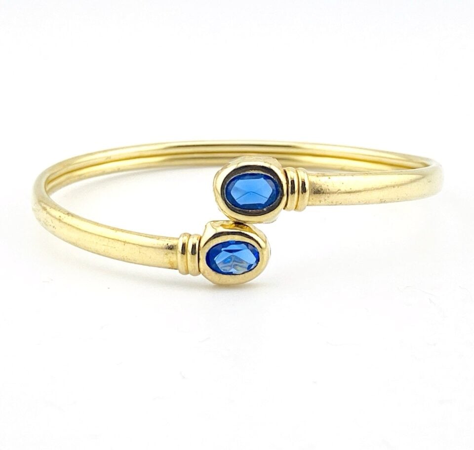 Vintage Gold Filled Bypass Cuff Bracelet with Sapphire Blue Glass Stones – Adjustable