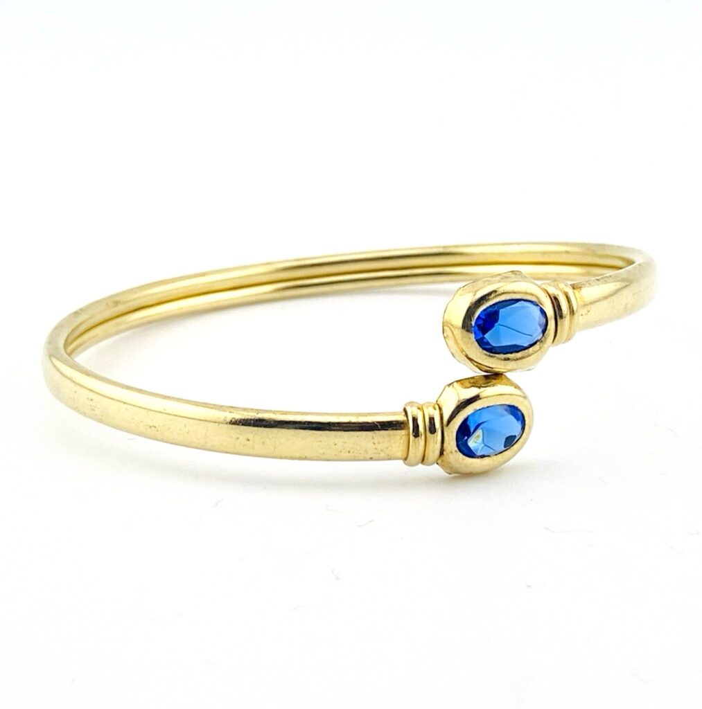 Gold Filled Bypass Cuff Bracelet with Sapphire Blue Glass Stones