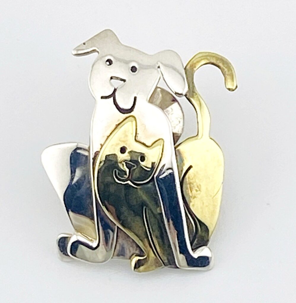 Charming Sterling Silver Mixed Metals Dog & Cat Brooch Pin