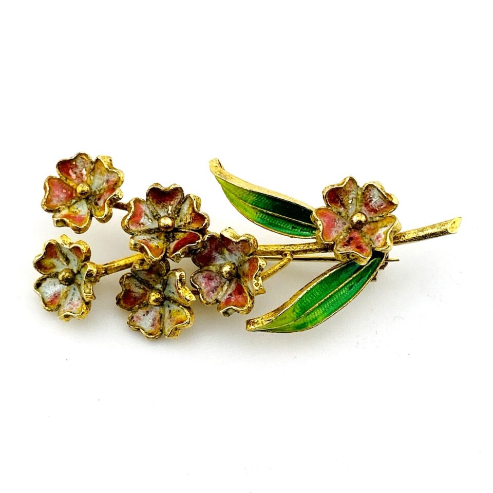 Pink Enamel Trembler Flower Brooch – Gold Over 800 Silver Filigree