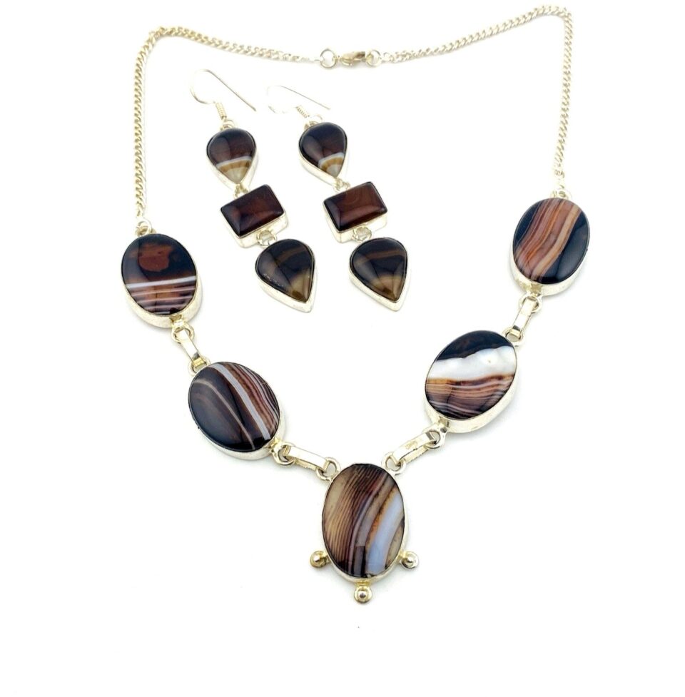 Banded Agate Sterling Silver Necklace & Earrings Set – Handcrafted