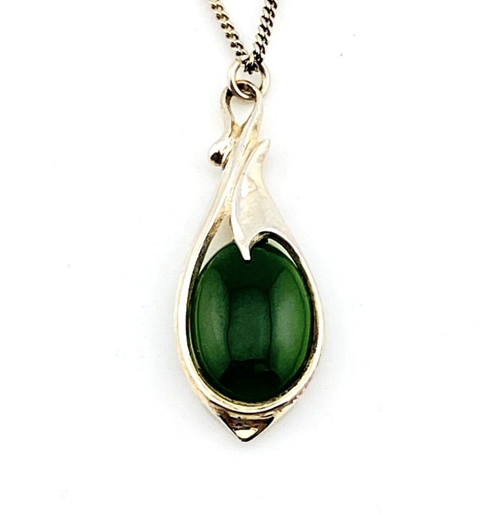 Sterling Silver Nephrite Jade Pendant Necklace Vintage Green Stone 18”